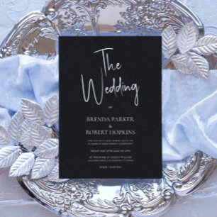 Black linen Simple White Script Wedding Invite Kaart