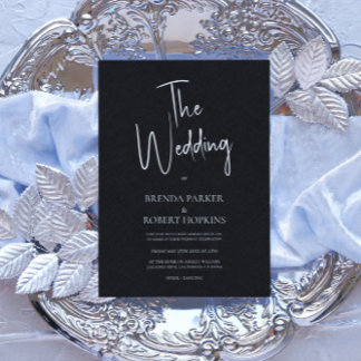 Black linen Simple White Script Wedding Invite Kaart