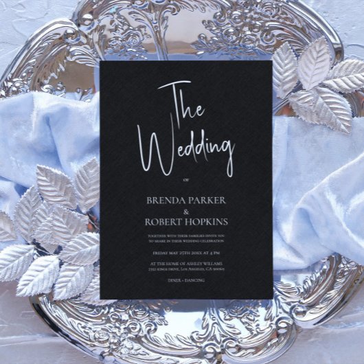 Black linen Simple White Script Wedding Invite Kaart