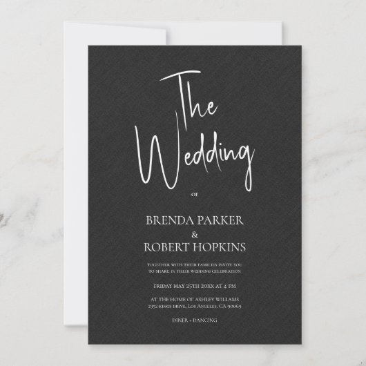 Black linen Simple White Script Wedding Invite Kaart (Voorkant)