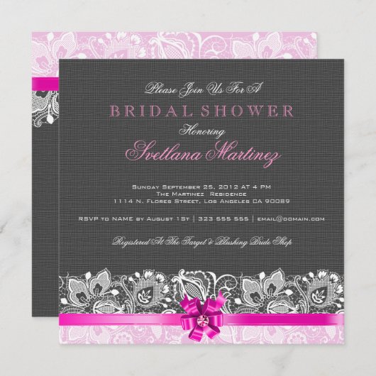 Black Linen Texture & White  Lace 2 Kaart (Voorkant / Achterkant)