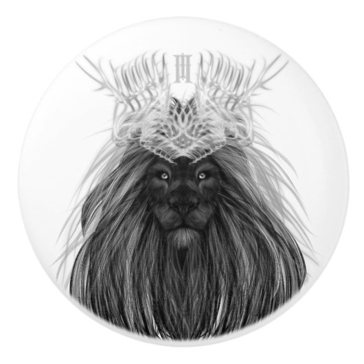 Black Lion met Antlers Crown en Monogram Keramische Knop (Voorkant)