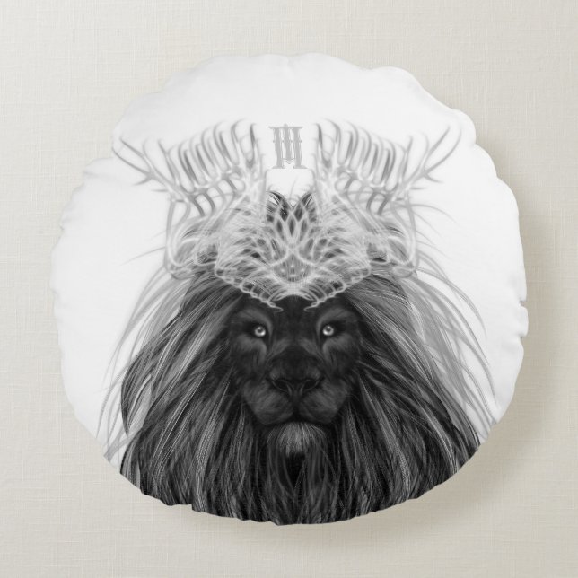 Black Lion met Antlers Crown en Monogram Rond Kussen (Voorkant)