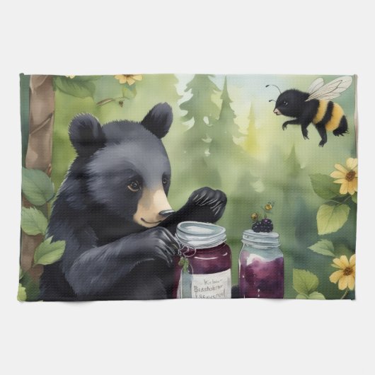 Black little bear with blackberry jams theedoek (Horizontaal)