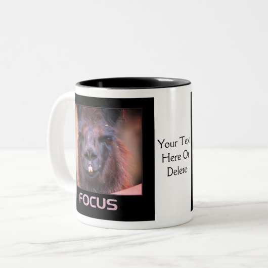 Black Llama Focus Inspirerend woorden Tweekleurige Koffiemok (Voorkant links)