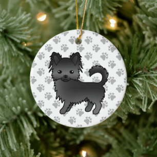 Black Long Coat Chihuahua Cartoon Dog & Paws Keramisch Ornament