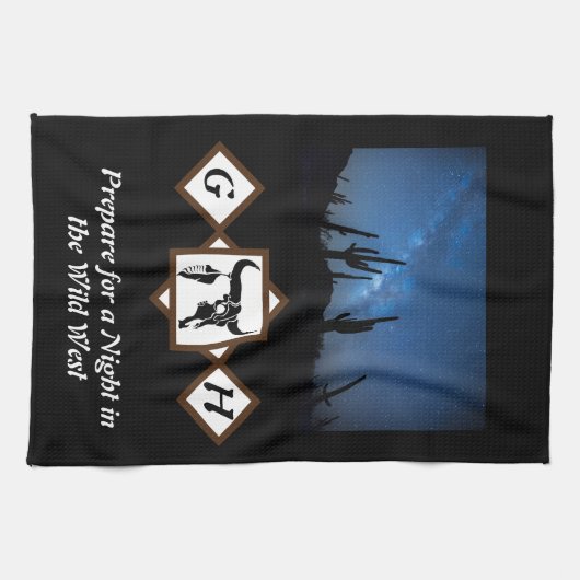 Black Longhorn Bull Skull Silhouette Monogram Phot Theedoek (Horizontaal)