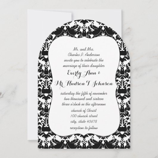 Black Lovebird Damask Wedding Kaart (Voorkant)