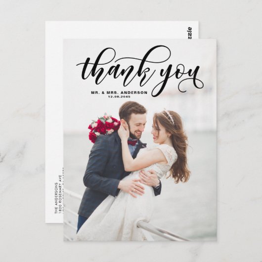 Black Lovely Modern Calligraphy Wedding Bedankt Briefkaart (Voorkant / Achterkant)