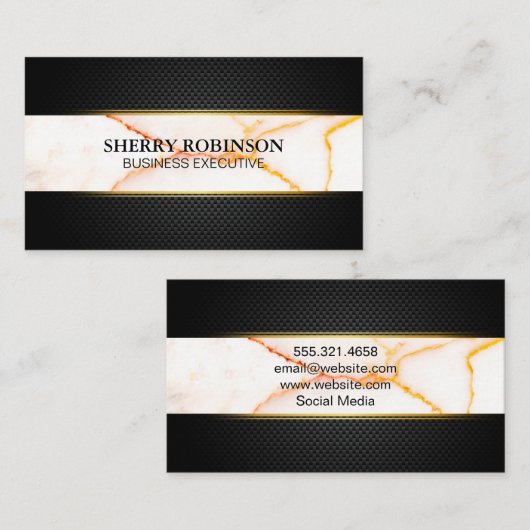 Black Lux Mesh | Witte marmertextuur Visitekaartje (Voorkant / Achterkant)