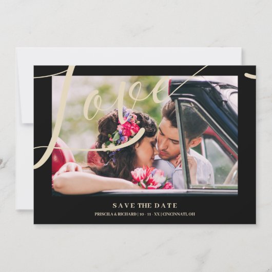 Black Luxury Simple Love Quote Golden Effect Photo Save The Date (Voorkant)