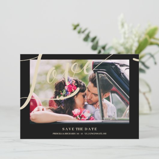 Black Luxury Simple Love Quote Golden Effect Photo Save The Date (Staand voorkant)