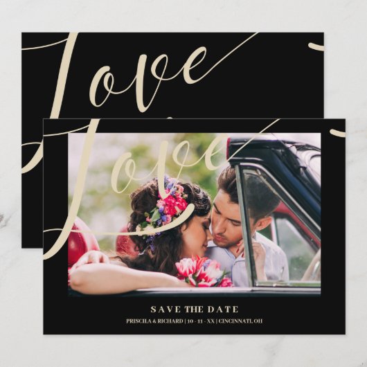 Black Luxury Simple Love Quote Golden Effect Photo Save The Date (Voorkant / Achterkant)