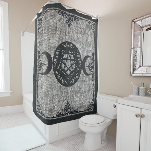 Black Magic Triple Moon Pentagram  Wiccan Douchegordijn (In situ)