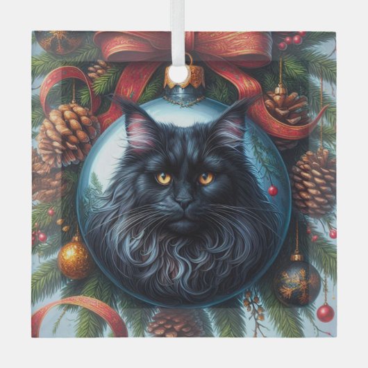 Black Maine Coon Cat Glass Ornament (Voorkant)