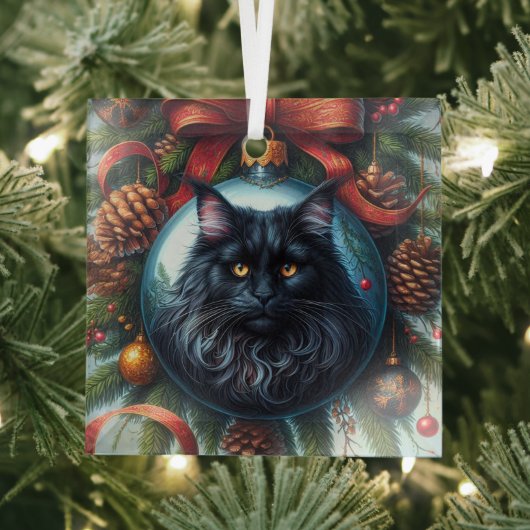 Black Maine Coon Cat Glass Ornament (Insitu)
