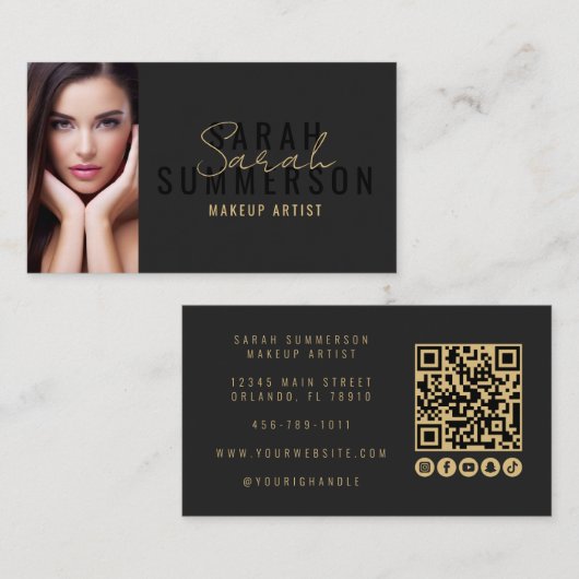Black Makeup Artist Beauty Salon QR Code Photo Visitekaartje (Voorkant / Achterkant)