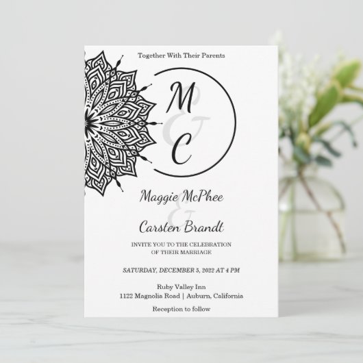 Black Mandala bruiloft uitnodiging (Staand voorkant)