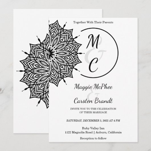 Black Mandala bruiloft uitnodiging (Voorkant / Achterkant)