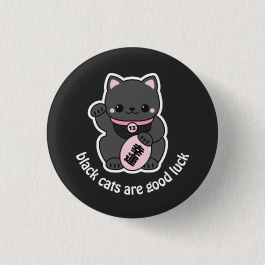 Black Maneki Neko Ronde Button 3,2 Cm (Voorkant)