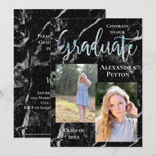 Black Marble Abalone Script Photo Afstuderen Kaart (Voorkant / Achterkant)