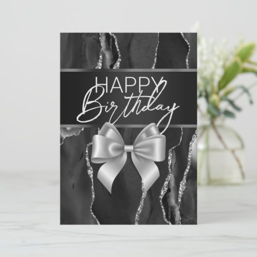 Black Marble & Bow Happy Birthday Day Kaart (Staand voorkant)