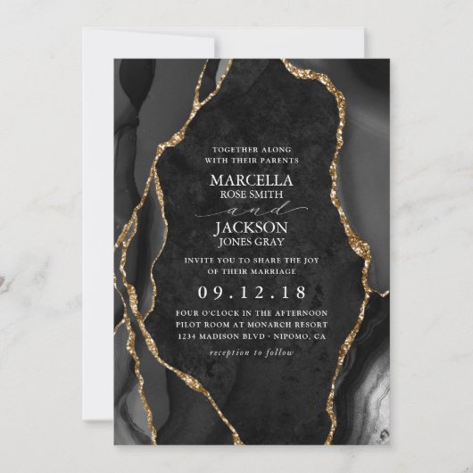 Black Marble Gold Agate Wedding Kaart (Voorkant)