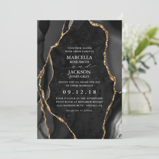 Black Marble Gold Agate Wedding Kaart (Staand voorkant)