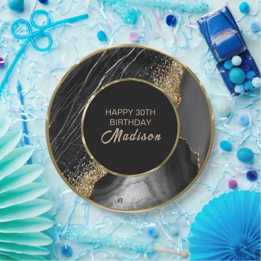 Black Marble Gold Glitter Papieren Bordje (Feest)