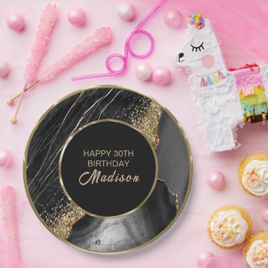 Black Marble Gold Glitter Papieren Bordje (Feest)