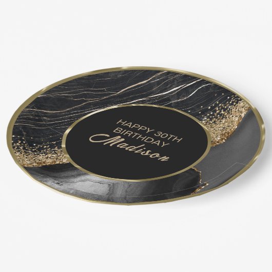 Black Marble Gold Glitter Papieren Bordje (Gekanteld)