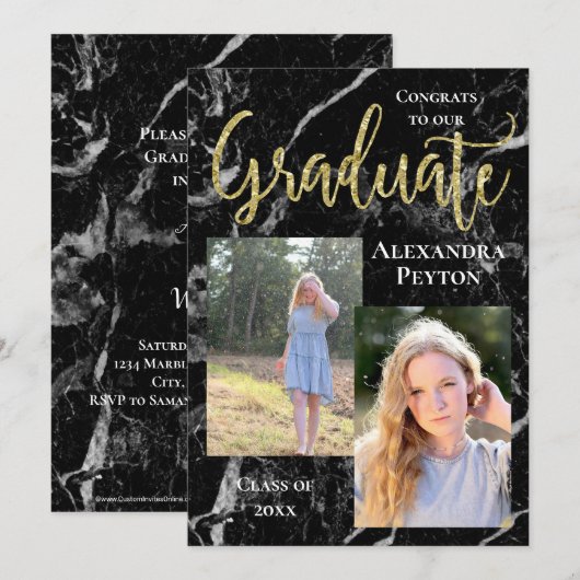Black Marble Gold Script Photo Afstuderen Kaart (Voorkant / Achterkant)