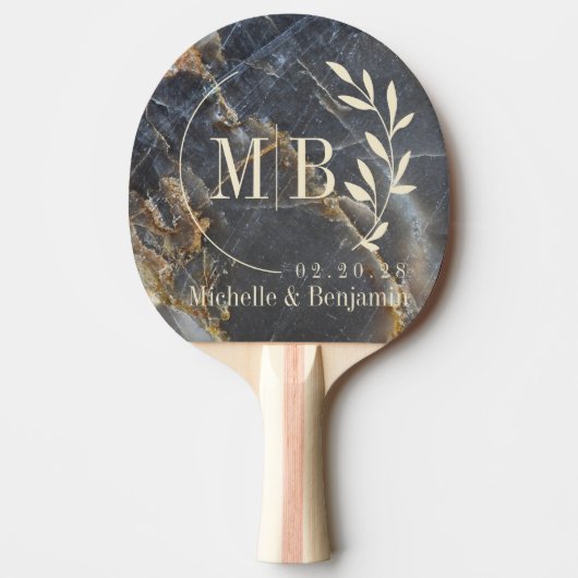 Black Marble & Gold Stone Leaf Wedding Monogram Tafeltennisbatje (Voorkant)