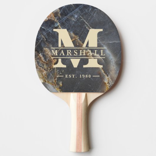 Black Marble & Gold Stone Monogram & Name Overlay Tafeltennisbatje (Voorkant)