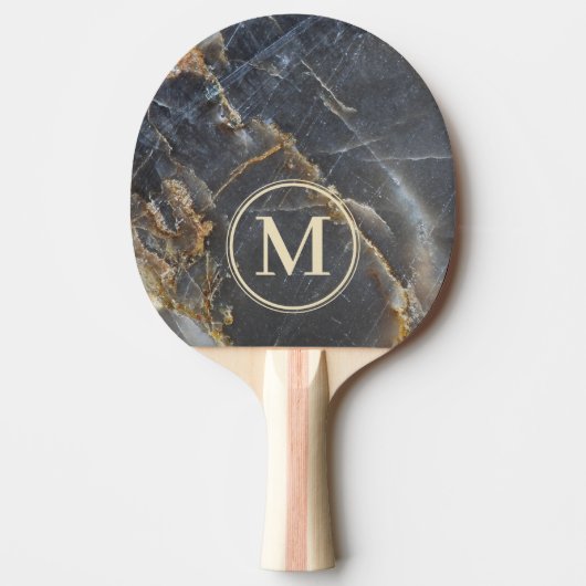 Black Marble & Gold Stone Stone Monogram Tafeltennisbatje (Voorkant)