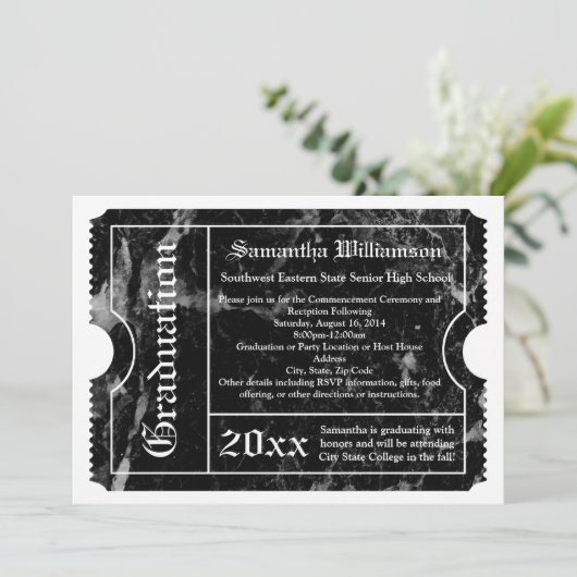 Black Marble Modern Afstuderen Ticket Kaart (Staand voorkant)