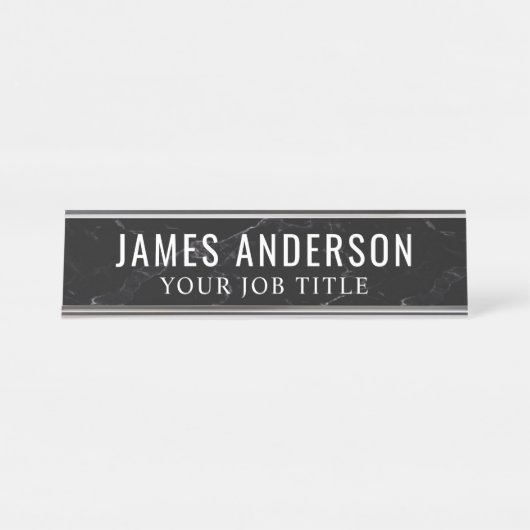 Black Marble Modern Kantoor werknemer Bureau Naambordje (Voorkant)