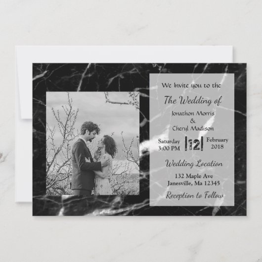 Black Marble Photo Wedding Invitations Kaart (Voorkant)