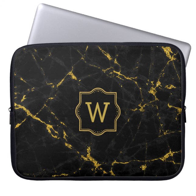 Black Marble Stone Gold Glitter Laptop Sleeve (Voorkant)