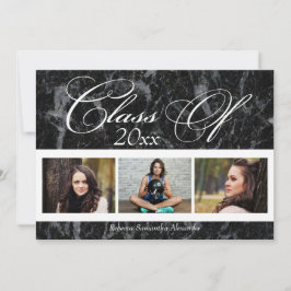 Black Marble Swirl 3-Photo Afstuderen Annountion Kaart