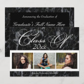 Black Marble Swirl 3-Photo Afstuderen Annountion Kaart (Voorkant / Achterkant)