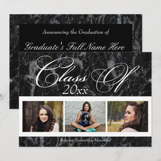 Black Marble Swirl 3-Photo Afstuderen Annountion Kaart (Voorkant / Achterkant)