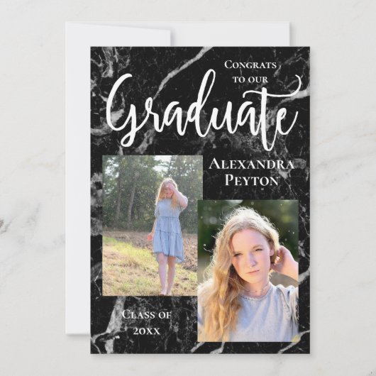 Black Marble White Script Photo Afstuderen Kaart (Voorkant)