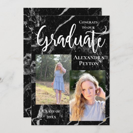 Black Marble White Script Photo Afstuderen Kaart (Voorkant / Achterkant)