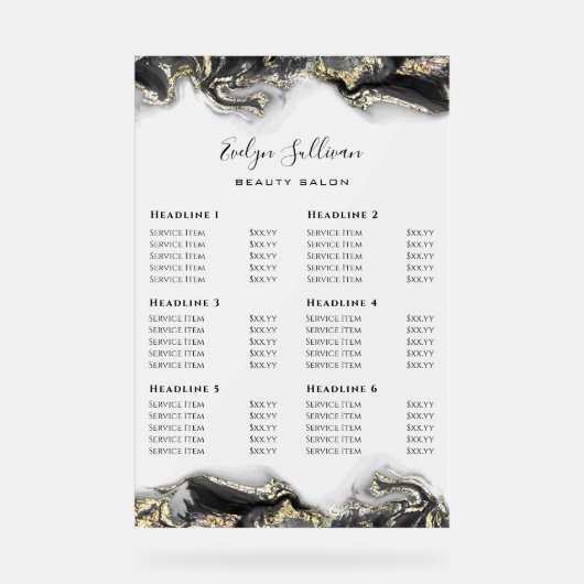 Black Marbling Design prijslijst Acryl Bord (Voorkant)