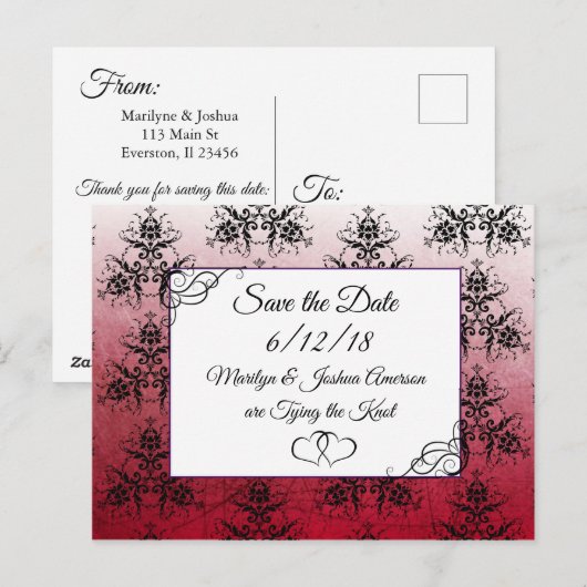 Black Maroon Damask Wedding Save the Date Briefkaa Briefkaart (Voorkant / Achterkant)