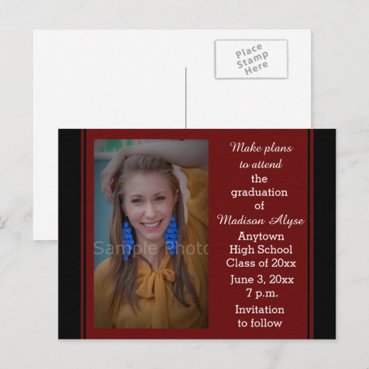 Black Maroon Photo Afstuderen Save the Date Kaart (Voorkant / Achterkant)