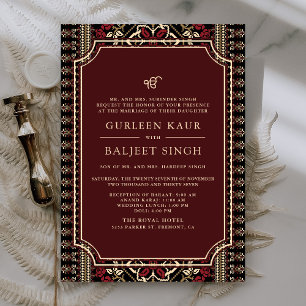 Black Maroon Red Ikat Anand Karaj Sikh Wedding Kaart