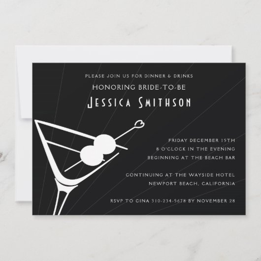 Black Martini Glass Bachelorette Party Uitnodiging (Voorkant)