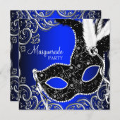 Black Mask Royal Blue Masquerade Party Kaart (Voorkant / Achterkant)